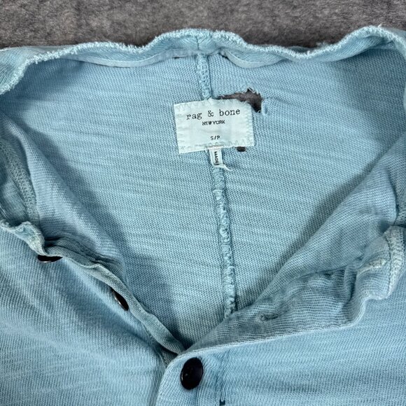 Rag Bone Shirt Mens Small Blue Henley Light Aqua Long Sleeve Destroyed Homeless - Picture 15 of 15